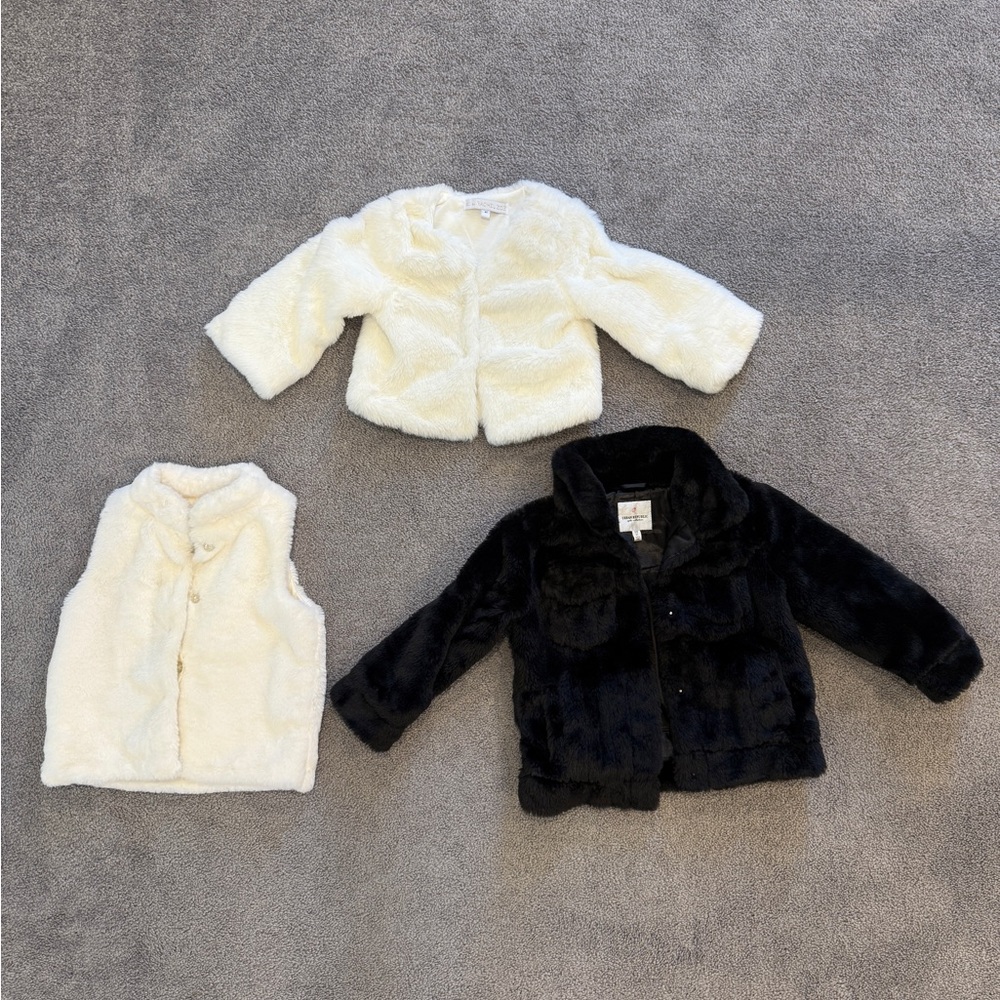 Toddler Girl Faux Fur Jacket and Vest Set - Black and Cream